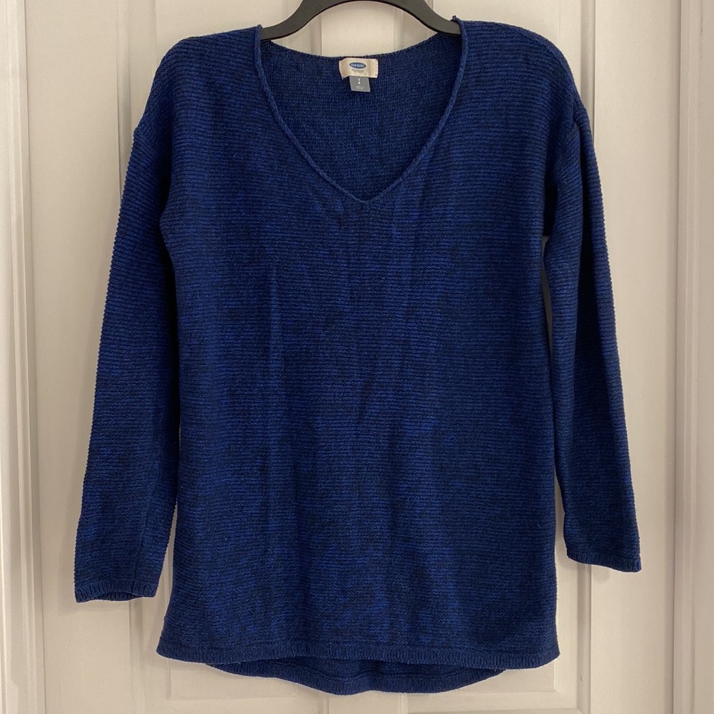 Old Navy V-Neck Heathered Navy Pull Over Sweater dropped sleeves longer back hem